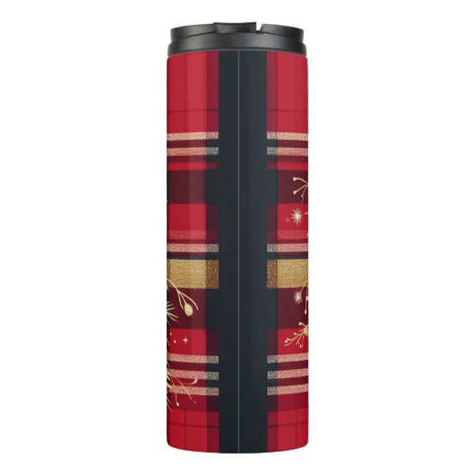 Elegant Rood en Goud Feestelijk Plaid Thermosbeker (Achterkant)