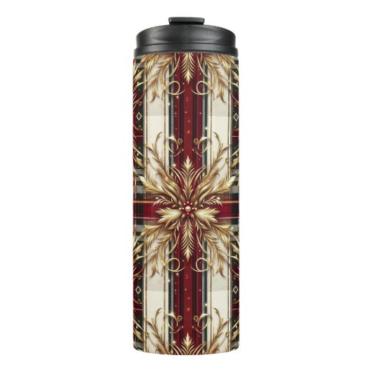 Elegant Rood en Goud Feestelijk Plaid Thermosbeker (Voorkant)