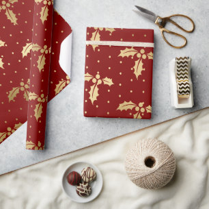 Elegant rood en goud folie kerst hulst patroon cadeaupapier