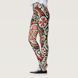 Elegant rood en goud geborduurd vrouwen leggings