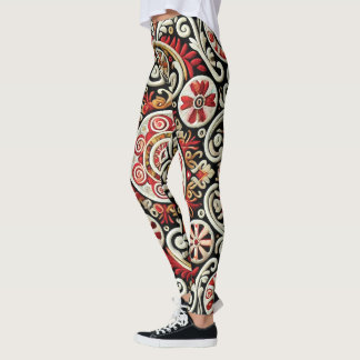 Elegant rood en goud geborduurd vrouwen leggings