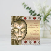 Elegant rood en goud gemaskerd bal kaart (Staand voorkant)