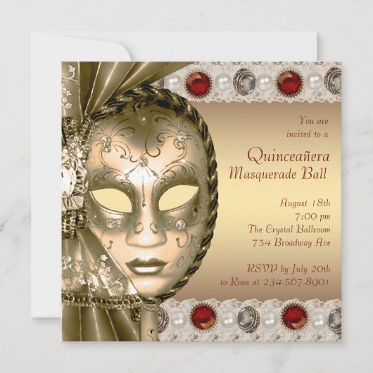 Elegant rood en goud gemaskerd bal kaart (Voorkant)