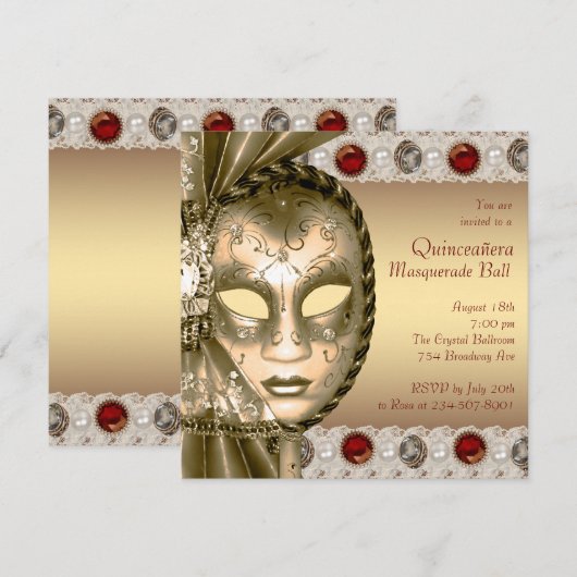 Elegant rood en goud Masquerade Party Kaart (Voorkant / Achterkant)