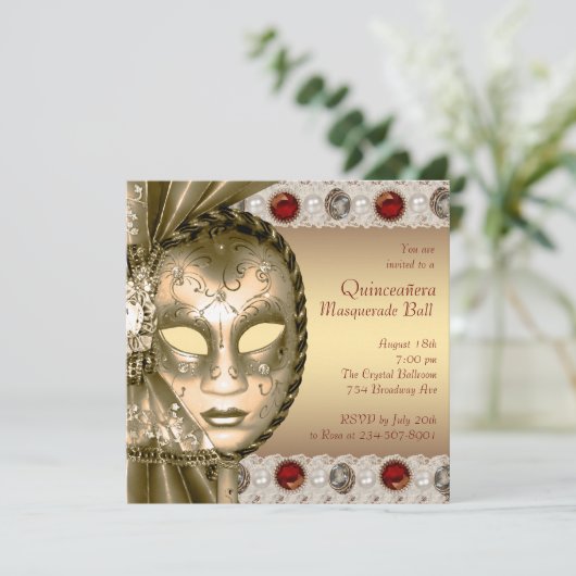Elegant rood en goud Masquerade Party Kaart (Staand voorkant)