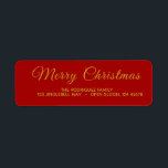 Elegant rood en goud Merry Christmas Address Label<br><div class="desc">Deze klassieke, stijlvolle, op maat gemaakte persoonlijke adreslabels voor kerstretourzendingen hebben goudkleurige letters op een rode achtergrond. Het zegt Merry Christmas in scriptkalligrafie of typografie en heeft een voorbeeldnaam en -adres. — Vervang het monster en voeg jouw namen en retouradres toe in de sjabloon om te personaliseren. — U kunt...</div>
