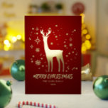Elegant Rood en Goud Rendier Vrolijk Kerstfeest Folie Feestdagenkaart<br><div class="desc">Dit moderne elegante rode en gouden rendier echte Folie vrolijke kerst non-foto ontwerp is voorzien van een rendier omringd door een elegante set sneeuwvlokken en sterren. De achterkant van de uitnodiging is een feestelijk patroon van dezelfde kerstillustraties. U kunt de achtergrondkleur en de tekst aanpassen. Dit ontwerp is perfect voor...</div>