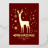 Elegant Rood en Goud Rendier Vrolijk Kerstfeest Folie Feestdagenkaart (Voorkant)