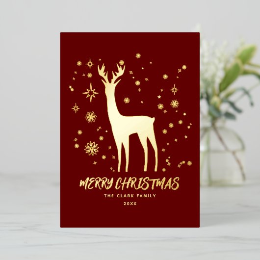 Elegant Rood en Goud Rendier Vrolijk Kerstfeest Folie Feestdagenkaart (Staand Voorkant)