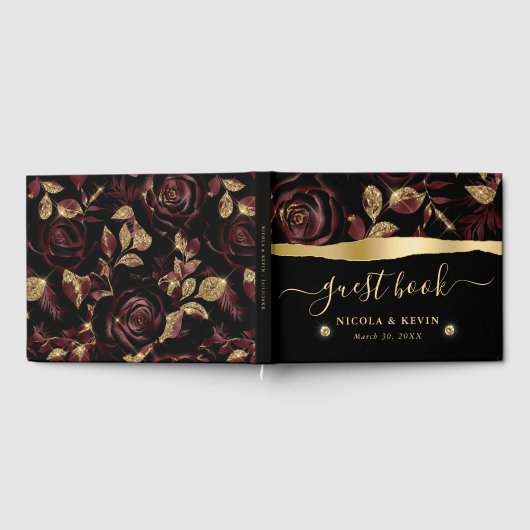 Elegant Rood en Goud Roos Bloemenbruiloft Gastenboek (Volledig)