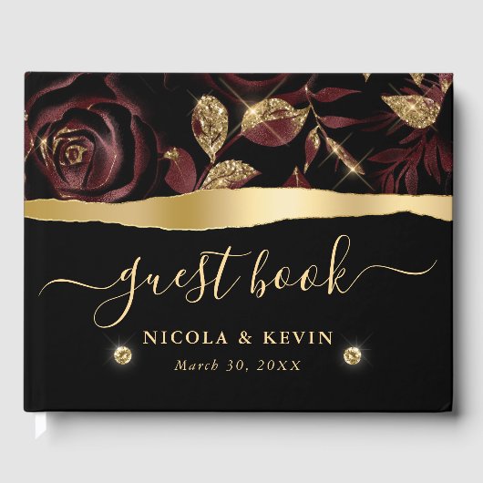 Elegant Rood en Goud Roos Bloemenbruiloft Gastenboek (Voorkant)