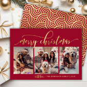Elegant Rood en Goud Script 3 foto Kerstmis Feestdagenkaart