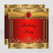 Elegant rood en goud verjaardagsfeest kaart (Voorkant / Achterkant)