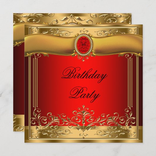 Elegant rood en goud verjaardagsfeest kaart (Voorkant / Achterkant)