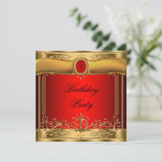 Elegant rood en goud verjaardagsfeest kaart (Staand voorkant)