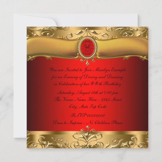 Elegant rood en goud verjaardagsfeest kaart (Achterkant)