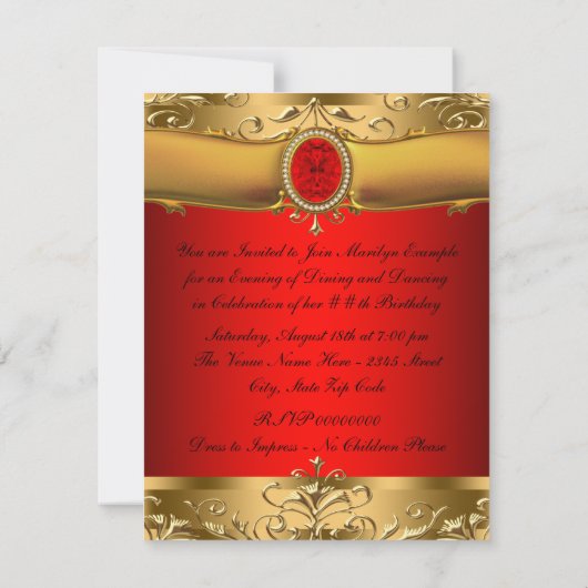 Elegant rood en goud verjaardagsfeest kaart (Achterkant)
