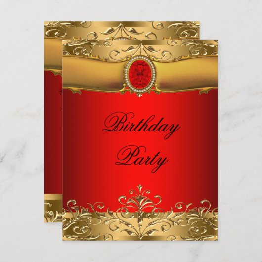 Elegant rood en goud verjaardagsfeest kaart (Voorkant / Achterkant)