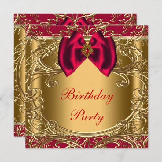 Elegant rood en goud verjaardagsfeest kaart (Voorkant / Achterkant)