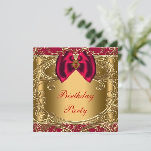 Elegant rood en goud verjaardagsfeest kaart (Staand voorkant)