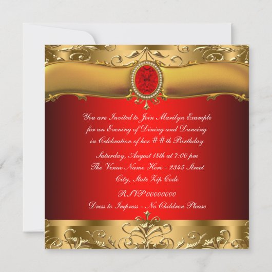 Elegant rood en goud verjaardagsfeest kaart (Achterkant)
