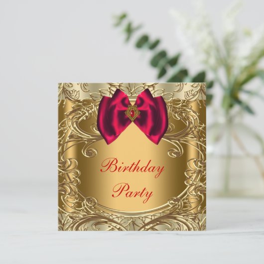 Elegant rood en goud verjaardagsfeest kaart (Staand voorkant)