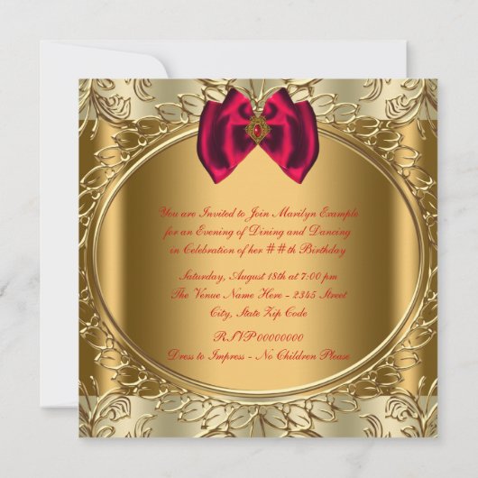 Elegant rood en goud verjaardagsfeest kaart (Achterkant)