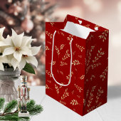 Elegant Rood en Gouden Folie Botanisch Patroon Medium Cadeauzakje