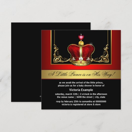 Elegant rood en gouden prins Baby shower Kaart (Voorkant / Achterkant)