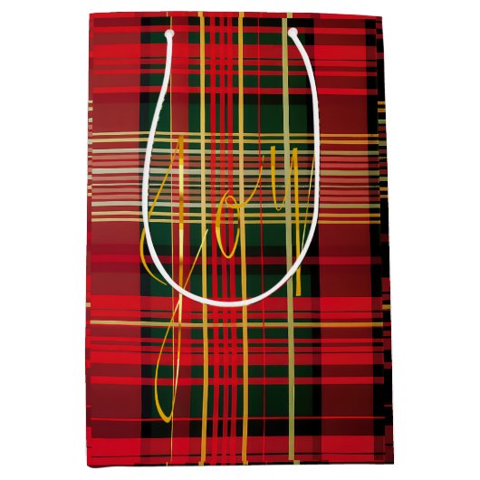 Elegant rood en groen geruite 'Joy' Script Vakanti Medium Cadeauzakje (Voorkant)