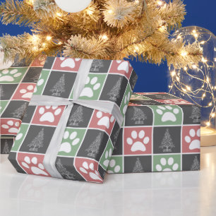 Elegant rood en groen Kerstmis Paw Print Patroon Cadeaupapier