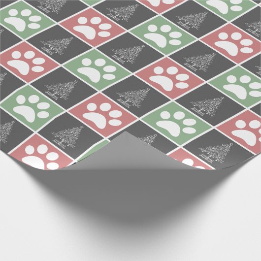 Elegant rood en groen Kerstmis Paw Print Patroon Cadeaupapier (Hoek)