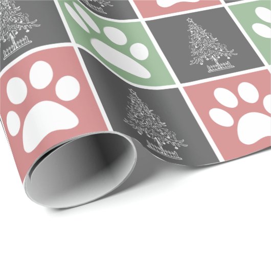 Elegant rood en groen Kerstmis Paw Print Patroon Cadeaupapier (Rol Hoek)