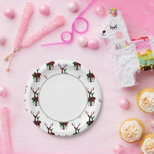 Elegant Rood- en Groene Buffalo Plays Reindeer Cou Papieren Bordje (Feest)