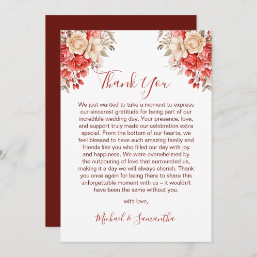 Elegant rood en ivoor Roos bruiloft Bedankkaart (Voorkant / Achterkant)