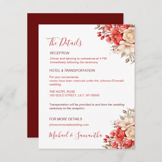 Elegant rood en ivoor Roos bruiloft Informatiekaartje (Voorkant / Achterkant)