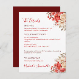 Elegant rood en ivoor Roos bruiloft Informatiekaartje