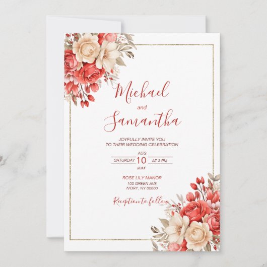 Elegant rood en ivoor Roos bruiloft Kaart (Voorkant)