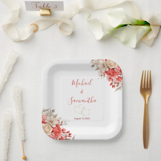 Elegant rood en ivoor Roos bruiloft Papieren Bordje (Huwelijk)