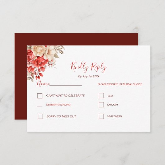 Elegant rood en ivoor Roos bruiloft RSVP Kaartje (Voorkant / Achterkant)