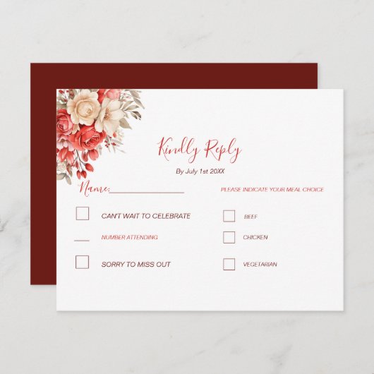 Elegant rood en ivoor Roos bruiloft RSVP Kaartje (Voorkant / Achterkant)
