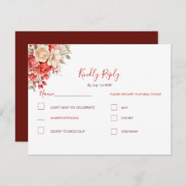 Elegant rood en ivoor Roos bruiloft RSVP Kaartje
