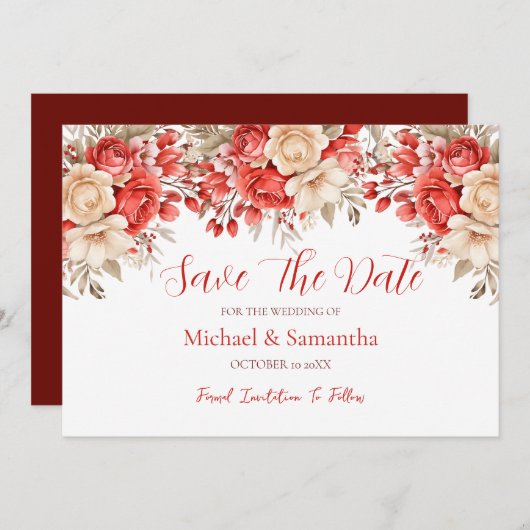 Elegant rood en ivoor Roos bruiloft Save The Date (Voorkant / Achterkant)