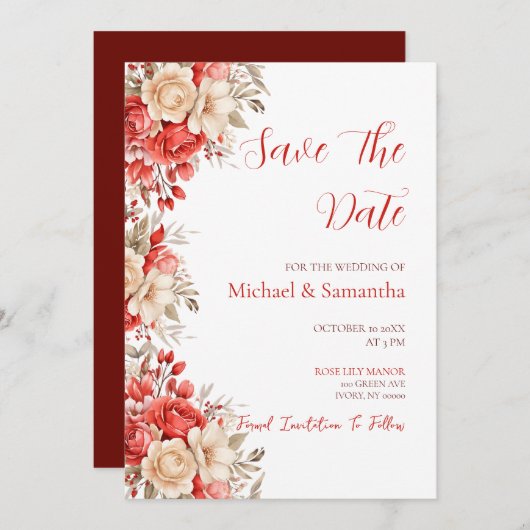 Elegant rood en ivoor Roos bruiloft Save The Date (Voorkant / Achterkant)