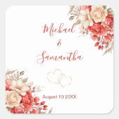 Elegant rood en ivoor Roos bruiloft Vierkante Sticker (Voorkant)