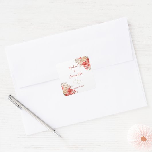 Elegant rood en ivoor Roos bruiloft Vierkante Sticker (Envelop)