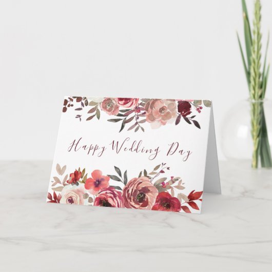 Elegant Rood en Roze Bloemen Chique Gelukkige Huwe Kaart (Voorkant)