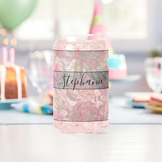 Elegant  rood en roze bloemenmonogram blikvorm glas (Insitu (Verjaardag))