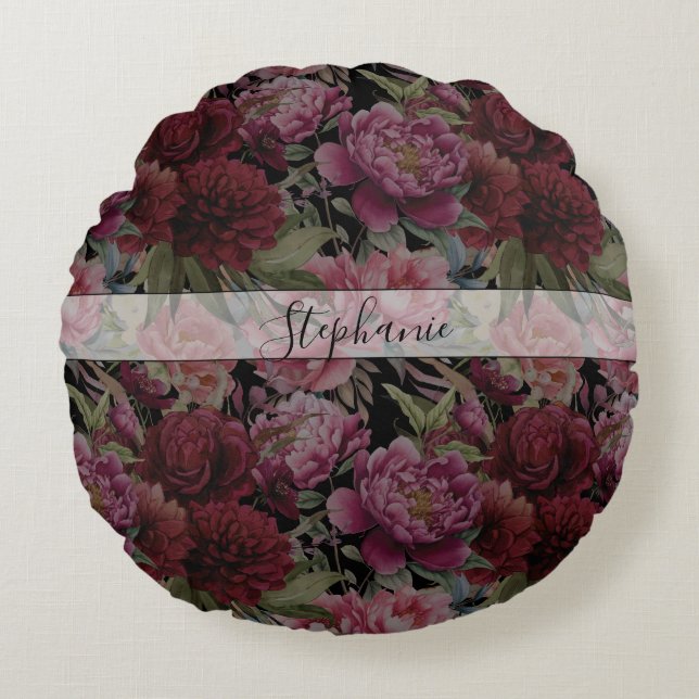 Elegant  rood en roze bloemenmonogram rond kussen (Voorkant)