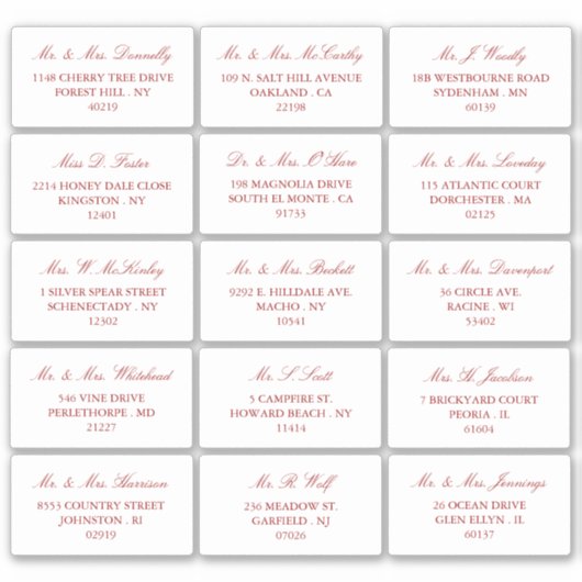 Elegant rood en wit bruiloft individueel adres sticker (Voorkant)